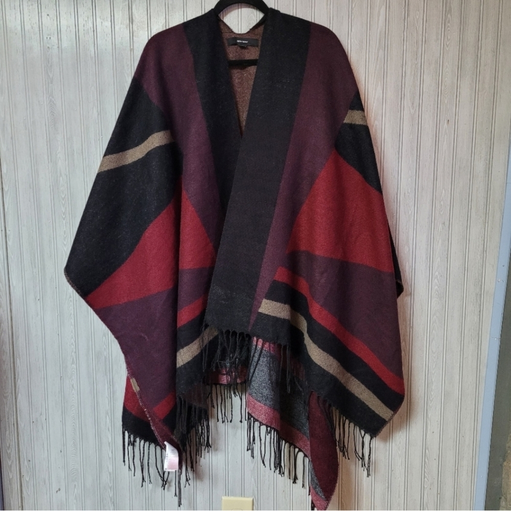Vero Moda Boho Colorblock Open Front Fringe Trim Poncho Cardigan